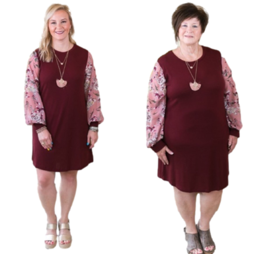 Grace and Emma New Size 2X‎ Knit Dress Cotton Floral Burgundy Blush Long Sleeve